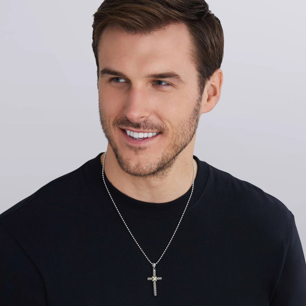 Lagos Anthem Small Two-Tone Caviar Beaded Diamond Cross Amulet