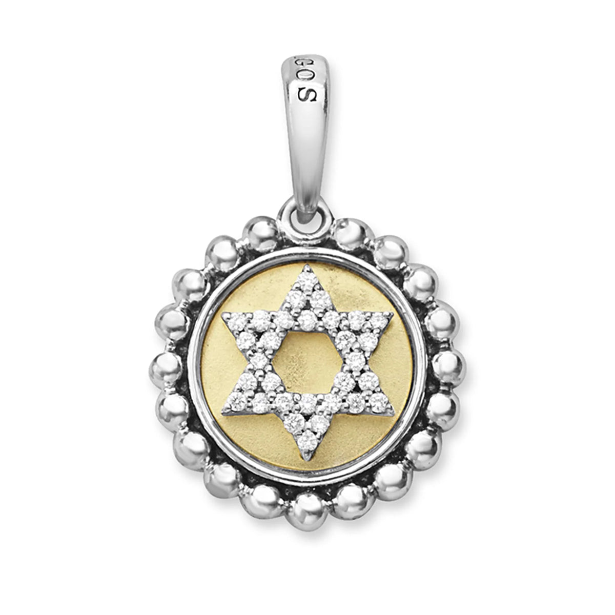 A sterling silver and gold pendant featuring a Star of David design, with clear pavé diamonds forming the star and a yellow gold circular background. The outer border is made of textured silver beads, and the bail is engraved with '925'.