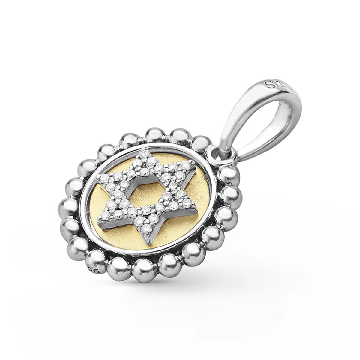 Sterling silver pendant featuring a Star of David design with a gold circular center and clear pavé stones, set against a plain white background.