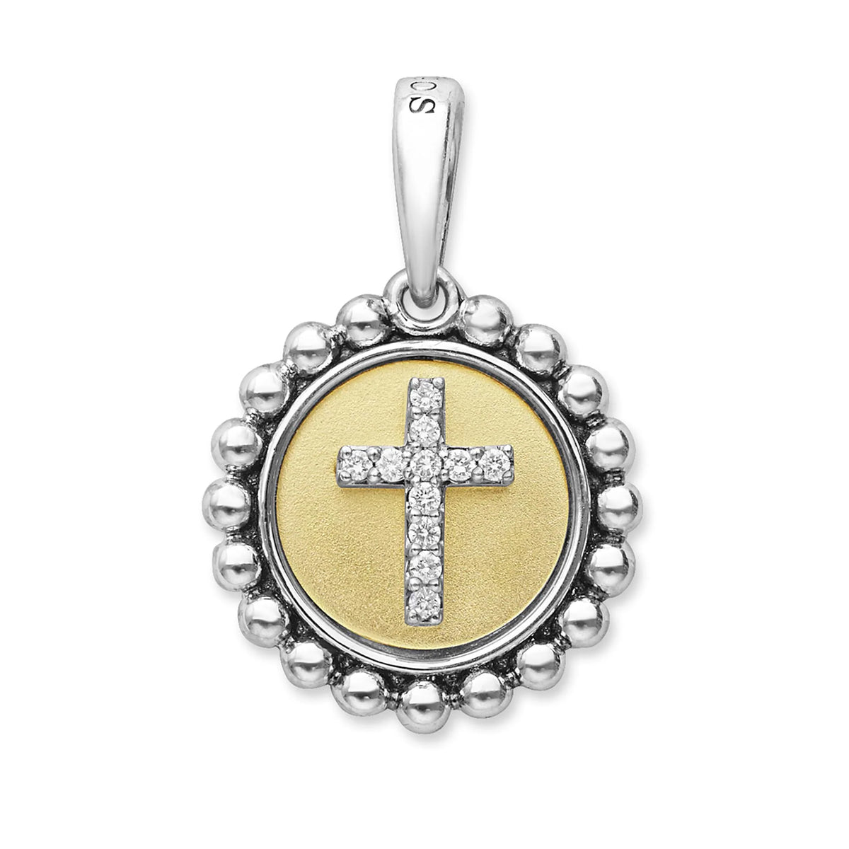 A round pendant featuring a silver-tone beaded border and a central yellow-gold disc with a silver cross paved with small clear stones, shown on a plain white background.