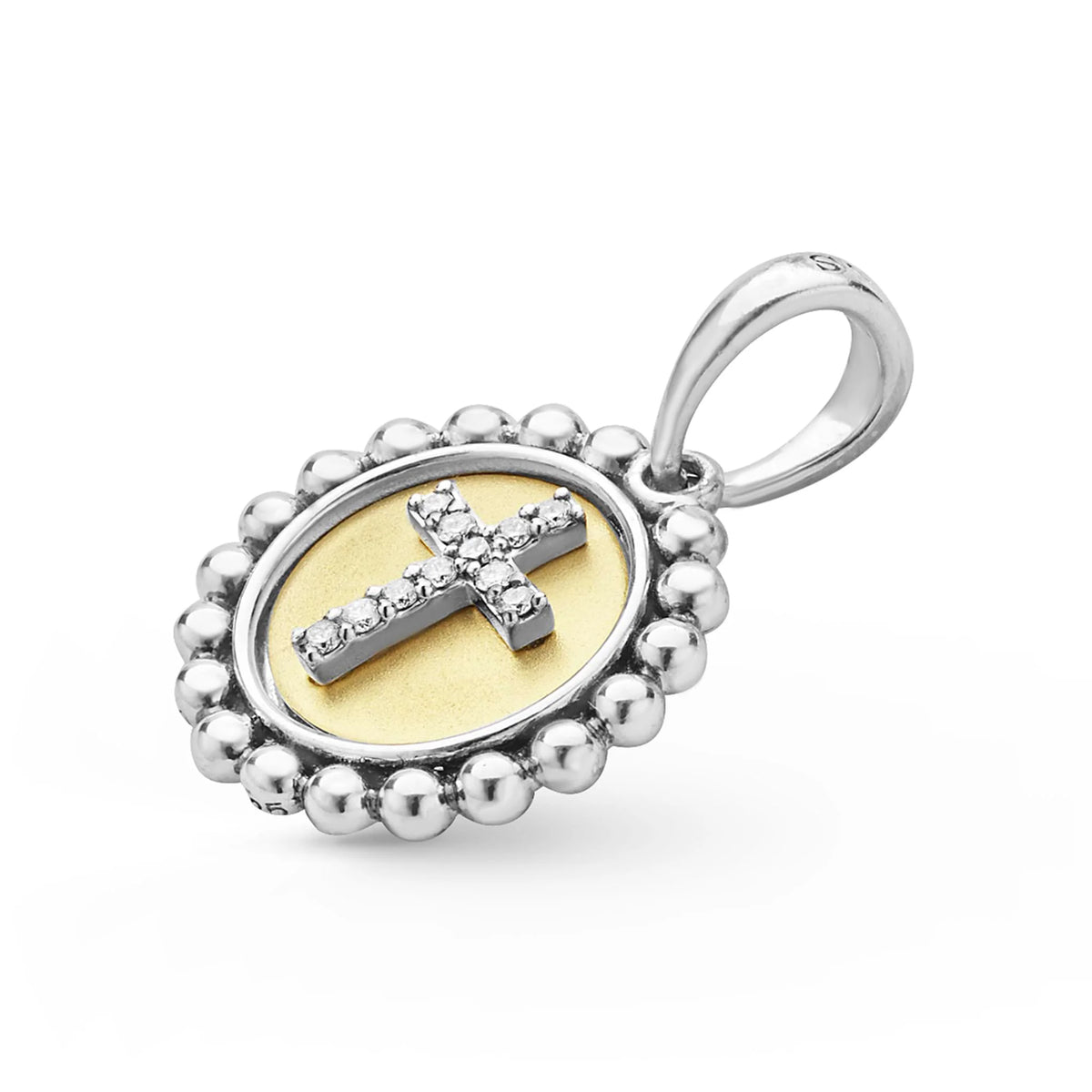 A silver oval pendant charm featuring a gold center medallion with a silver cross studded with small clear stones, surrounded by a beaded silver border on a white background.
