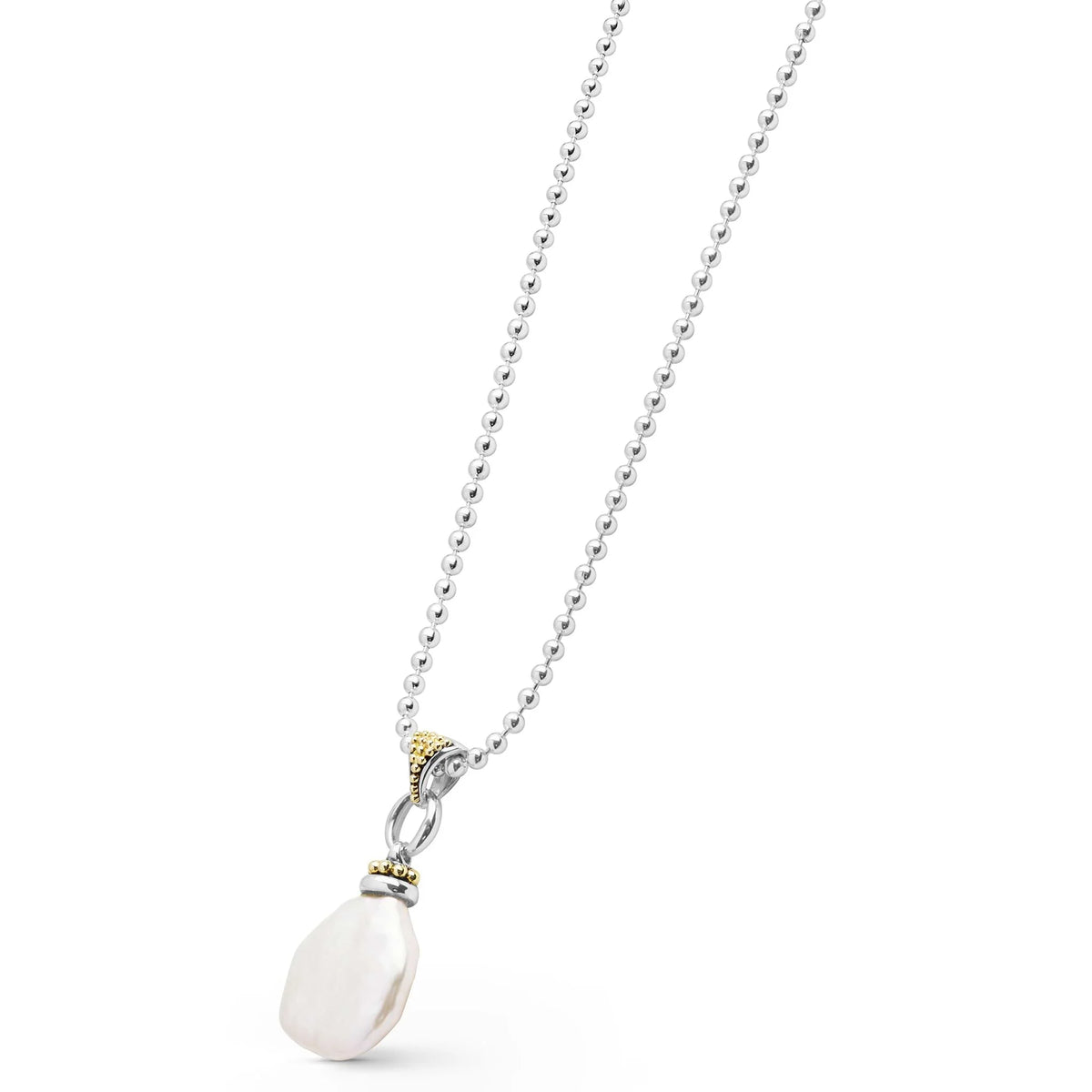 A silver ball chain necklace featuring a baroque pearl pendant and a small gold accent at the bail, shown against a plain white background.
