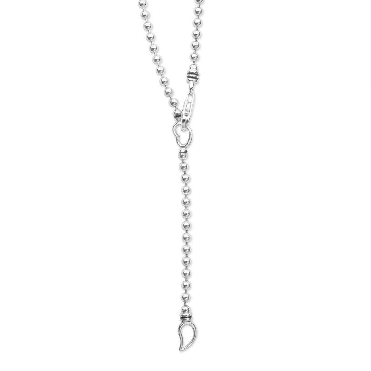 A silver ball chain necklace with a Y-shaped drop design, featuring a small heart-shaped ring connector and a curved hook pendant, shown on a plain white background.
