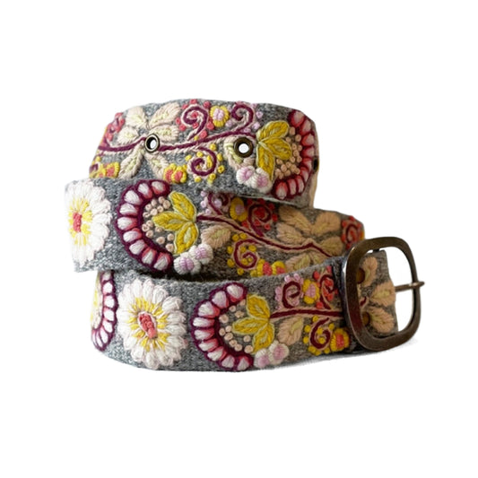 Jenny Krauss Heather Gray Floral Embroidered Wool Belt