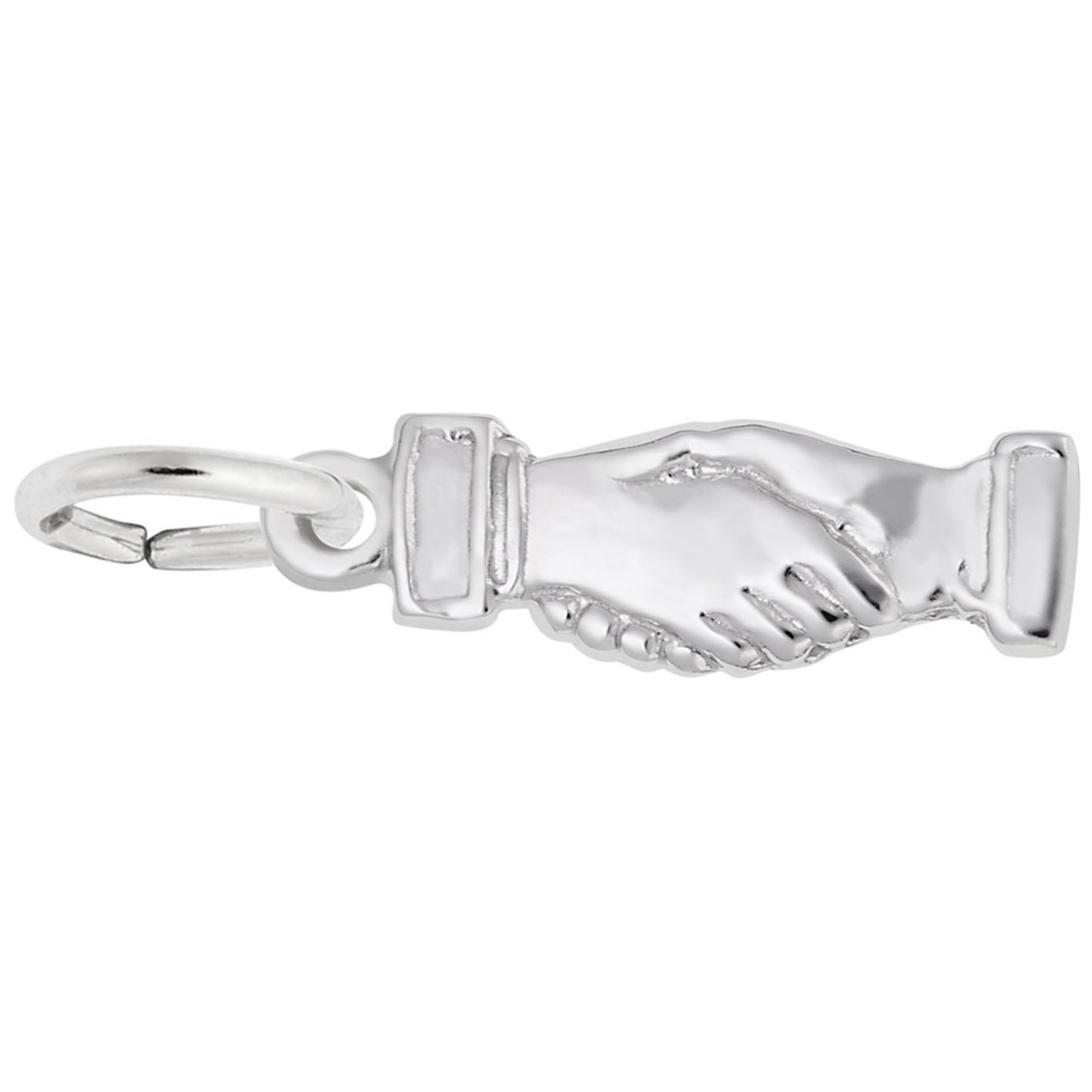 Silver handshake charm on a white background