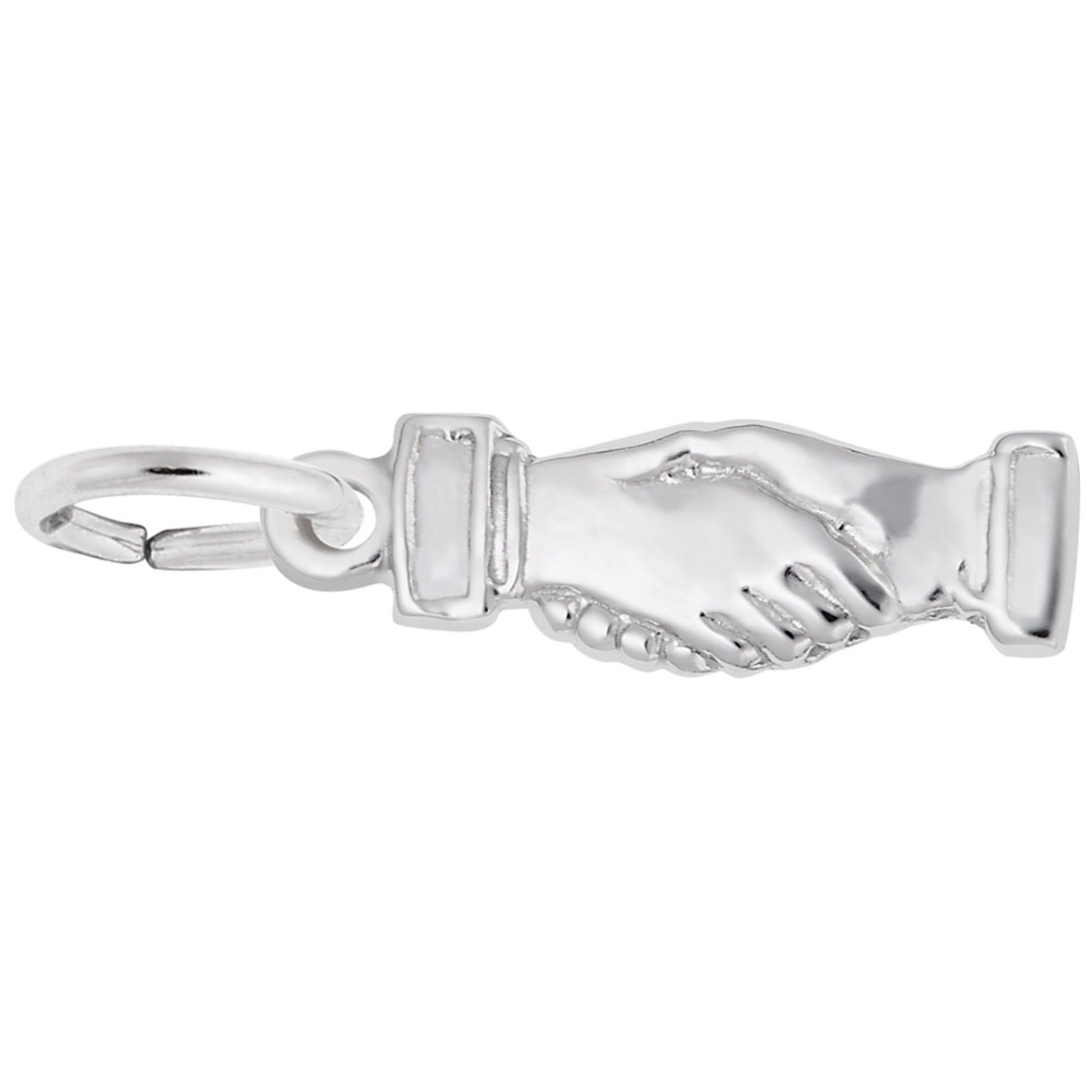 Silver handshake charm on a white background