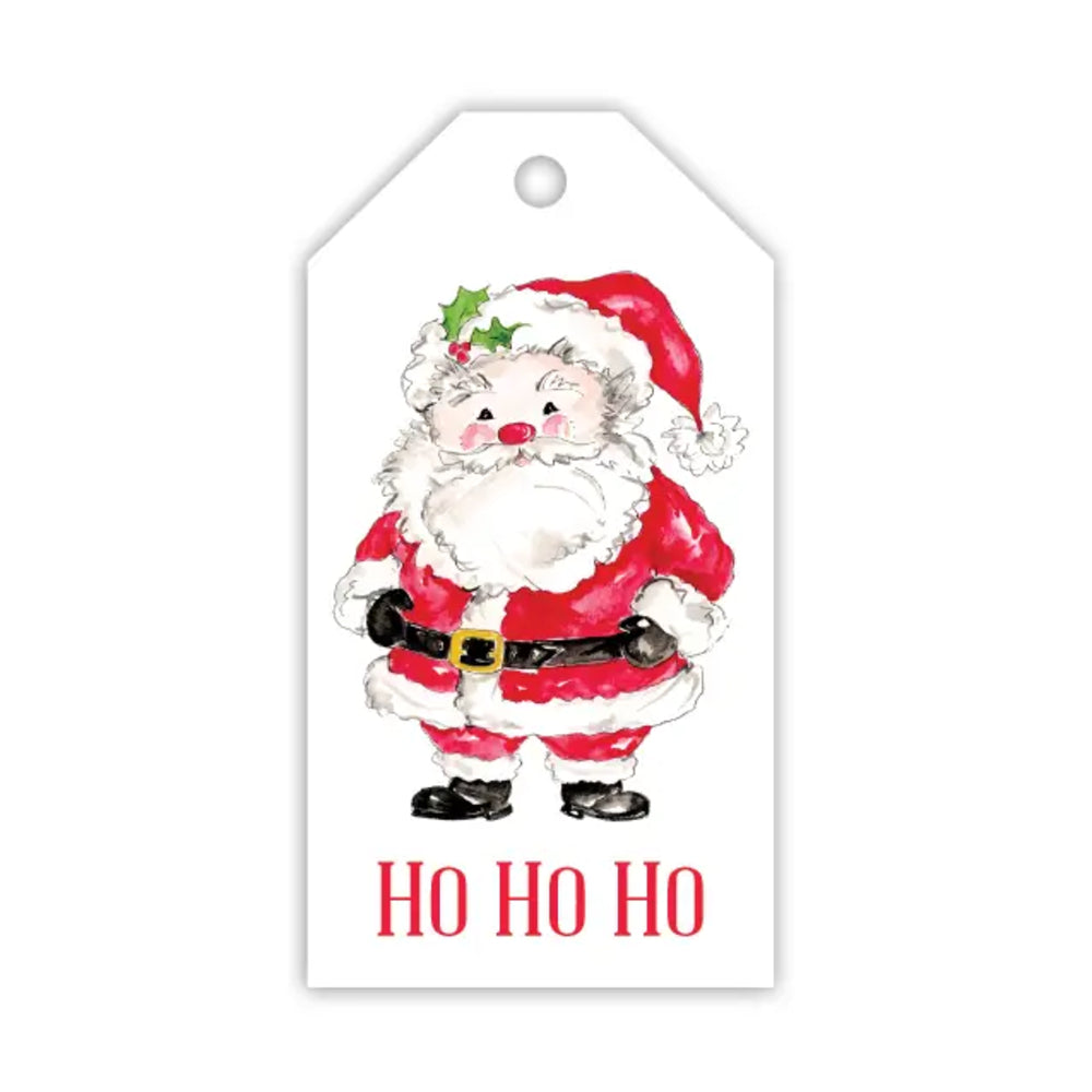 A white gift tag with a watercolor illustration of Santa Claus wearing a red suit and hat with a green holly sprig, above the red text 'HO HO HO'.