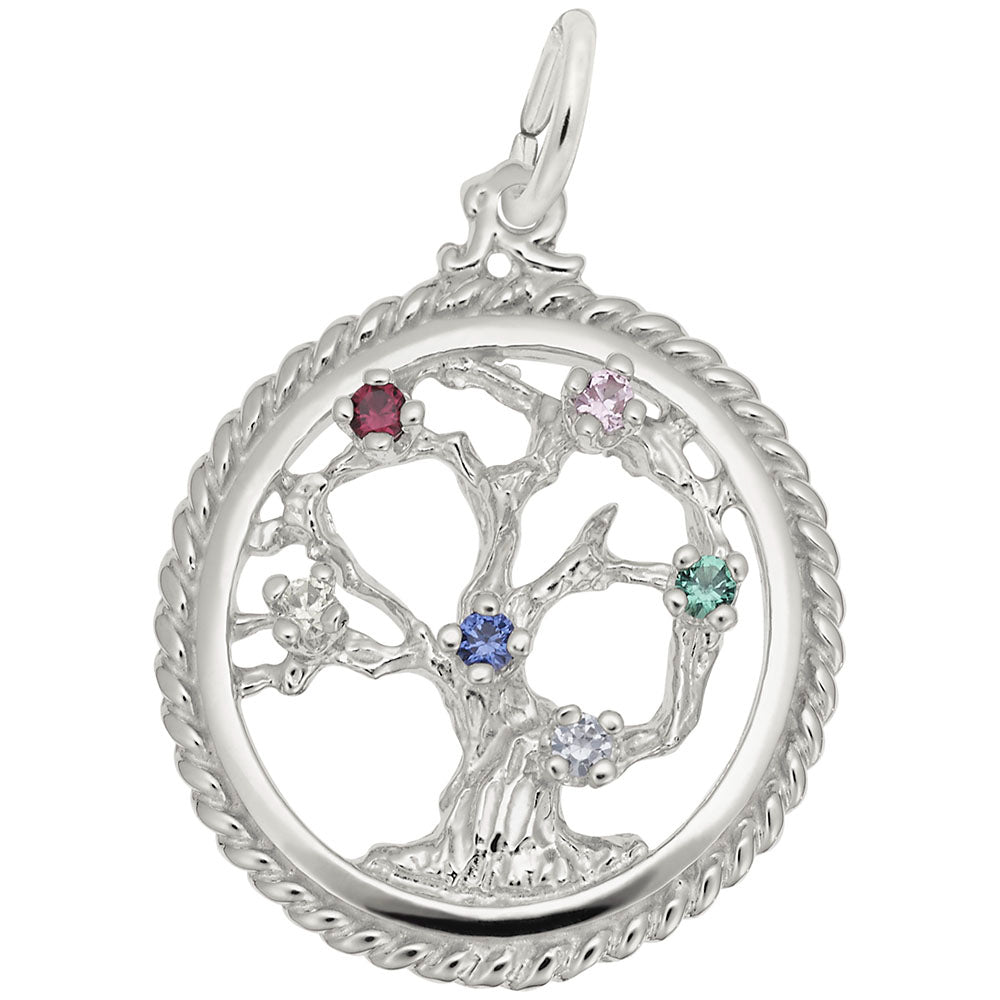 Silver Tree in a circle charm with multi-colored stones