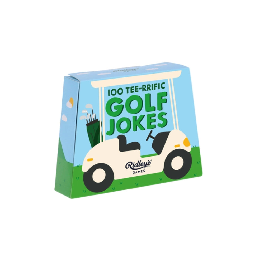 Box of '100 Tee-rrific Golf Jokes' with a golf cart design on a white background