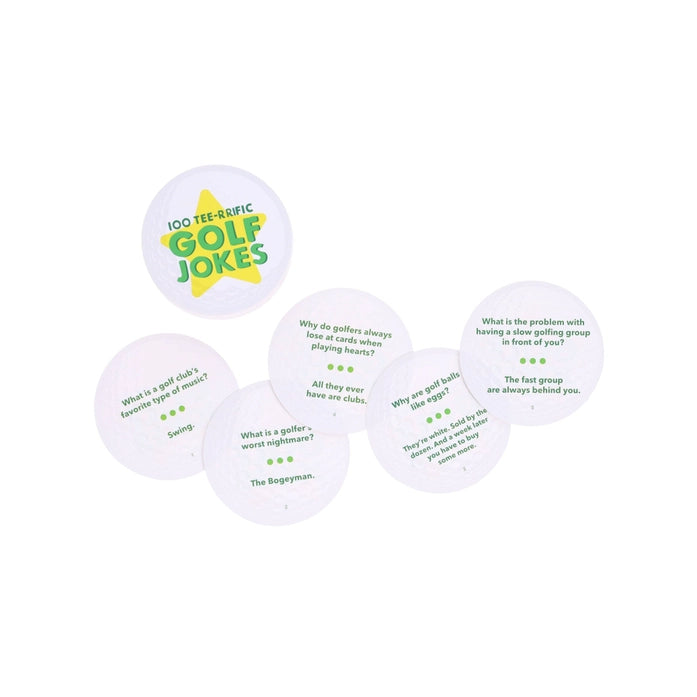 Set of golf joke cards with a central card displaying '100 Tee-rific Golf Jokes' on a white background.