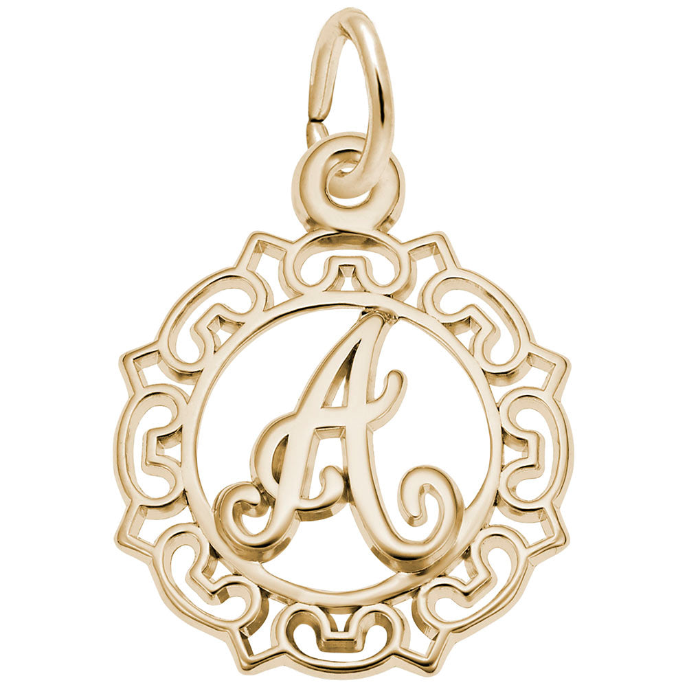 Gold A in an ornate boarder charm on a white background 