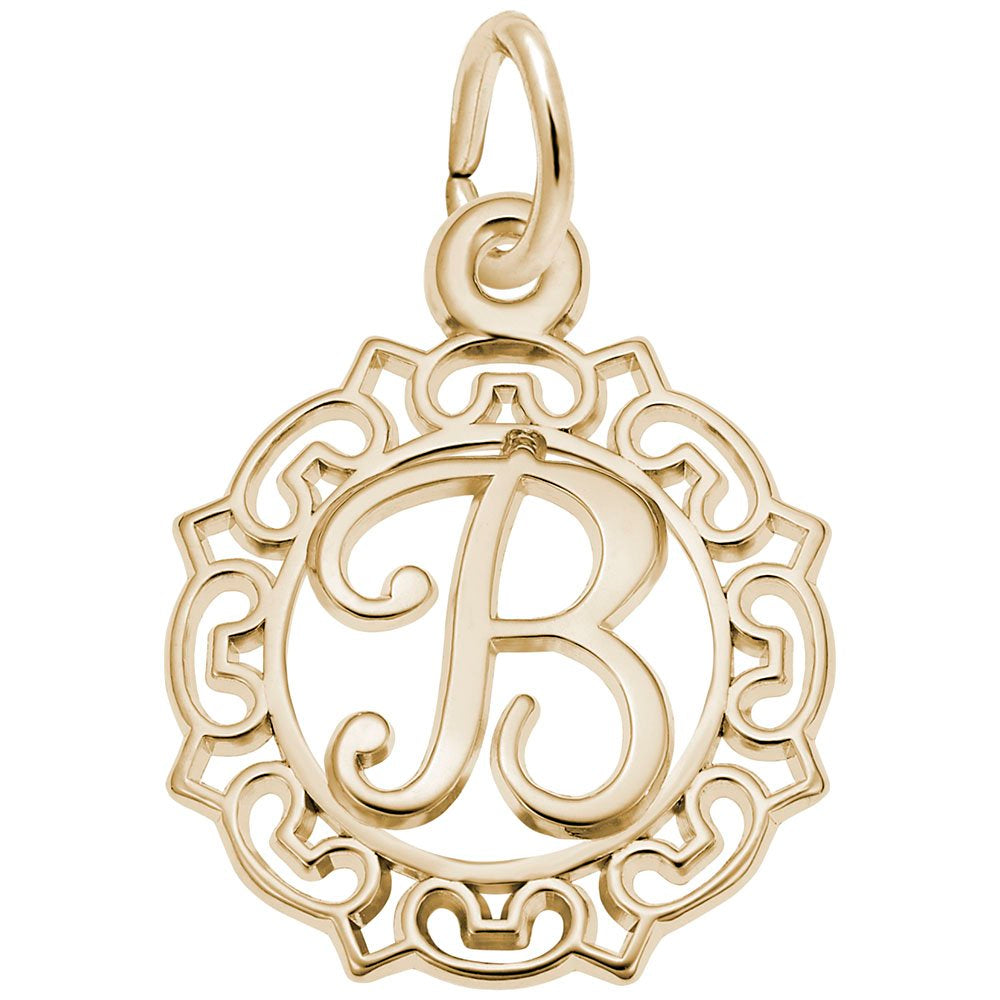 Gold B in an ornate boarder charm on a white background 
