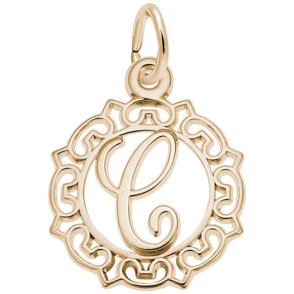 Gold C in an ornate boarder charm on a white background 