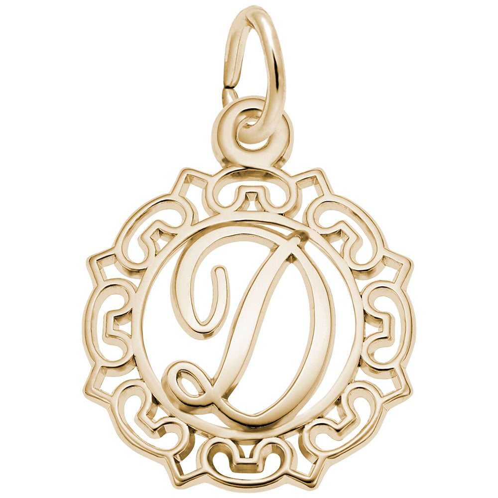 Gold D in an ornate boarder charm on a white background 