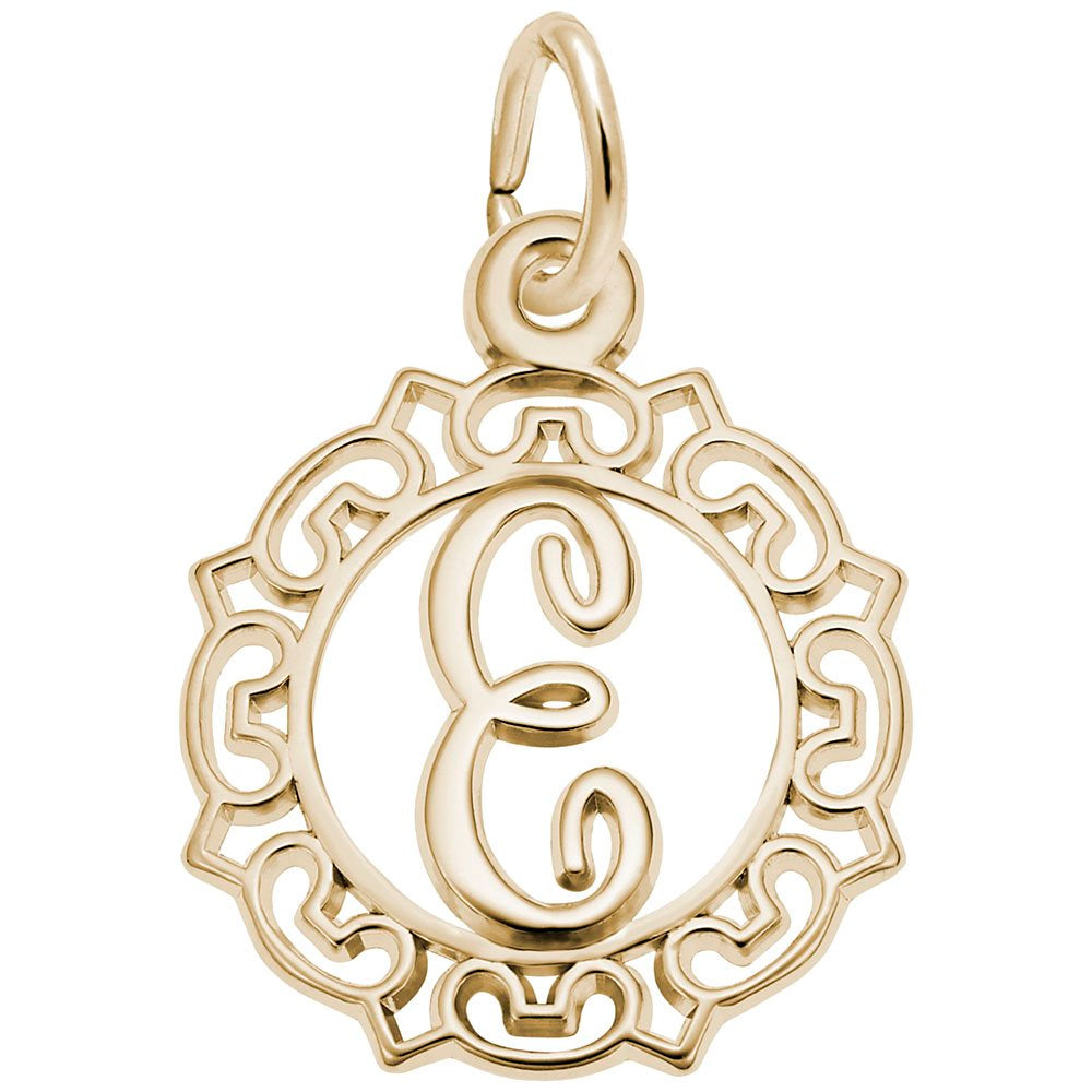 Gold E in an ornate boarder charm on a white background 