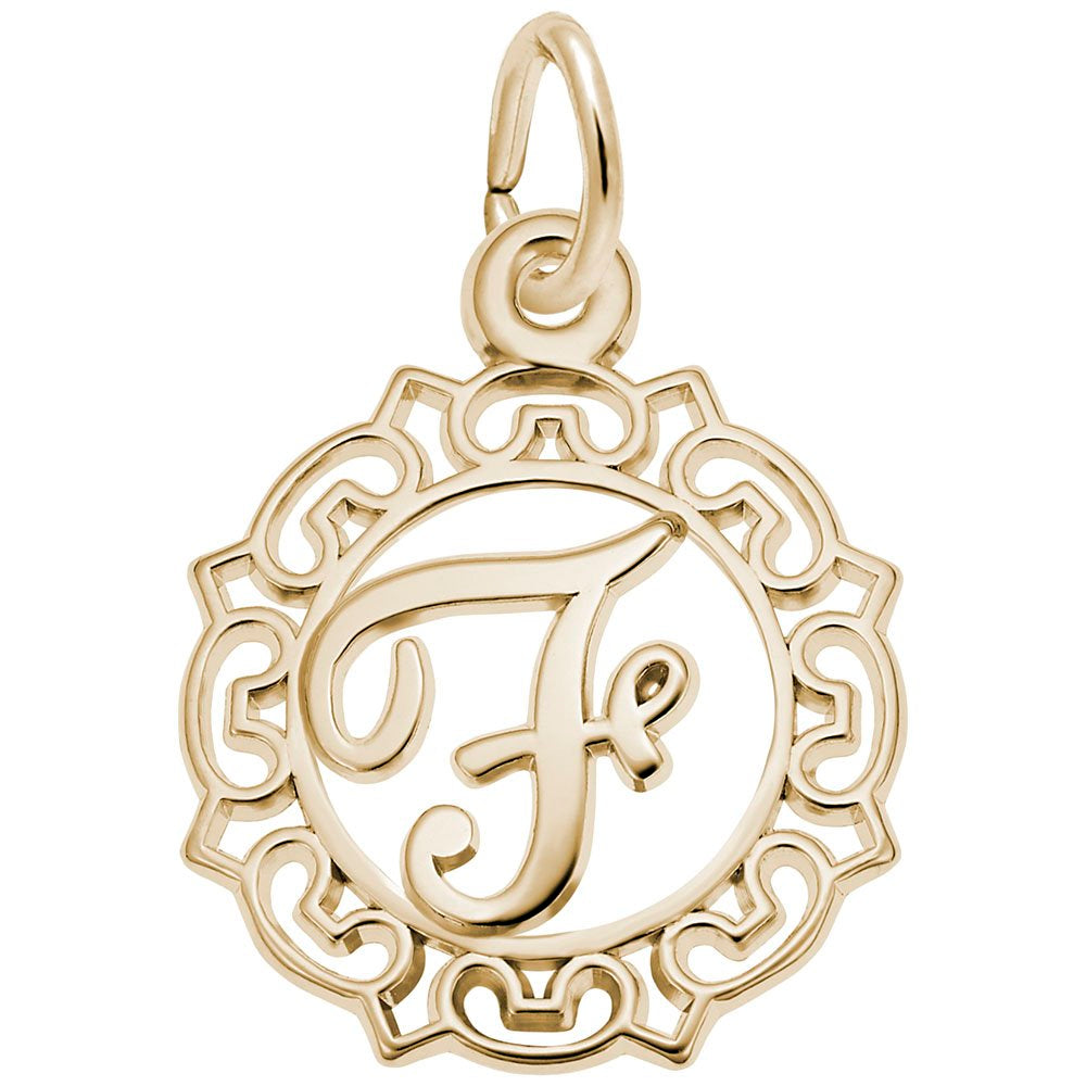 Gold F in an ornate boarder charm on a white background 