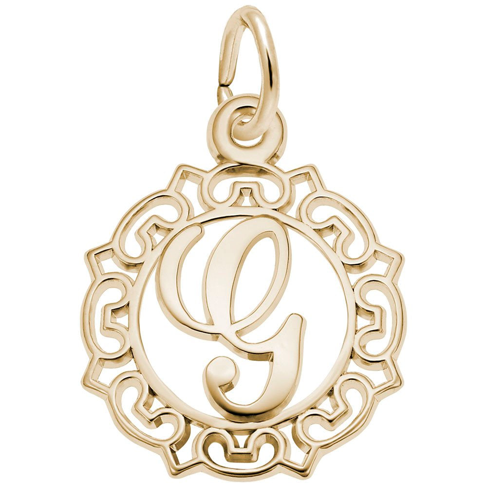 Gold G in an ornate boarder charm on a white background 