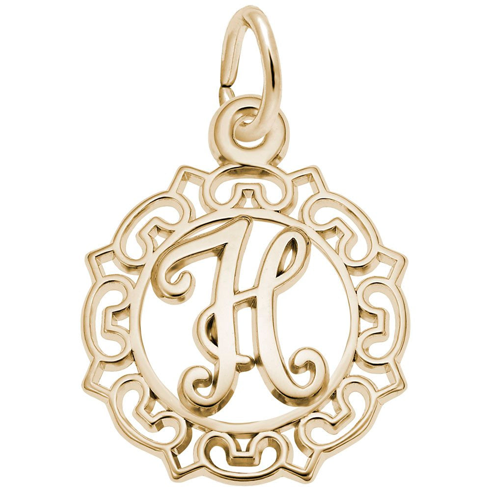 Gold H in an ornate boarder charm on a white background 