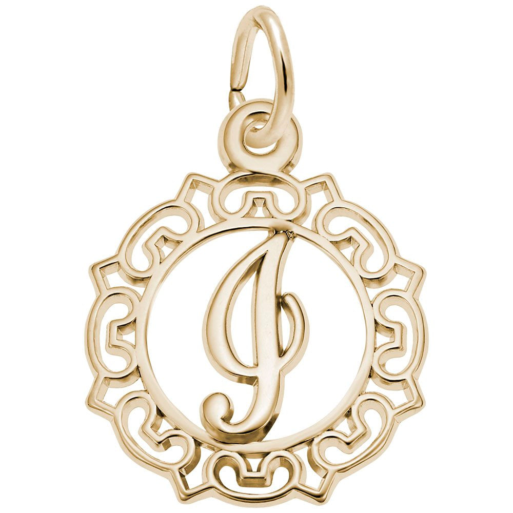Gold I in an ornate boarder charm on a white background 