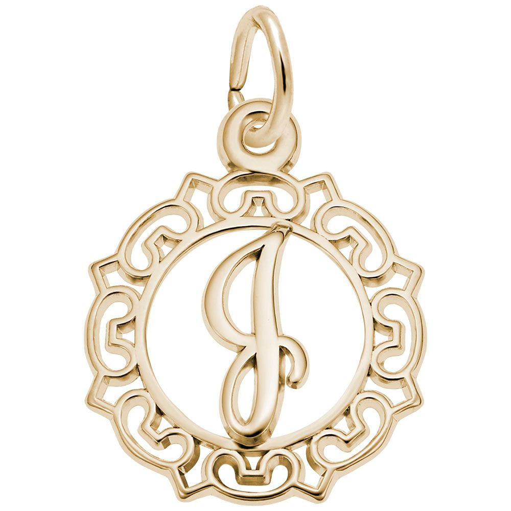 Gold J in an ornate boarder charm on a white background 