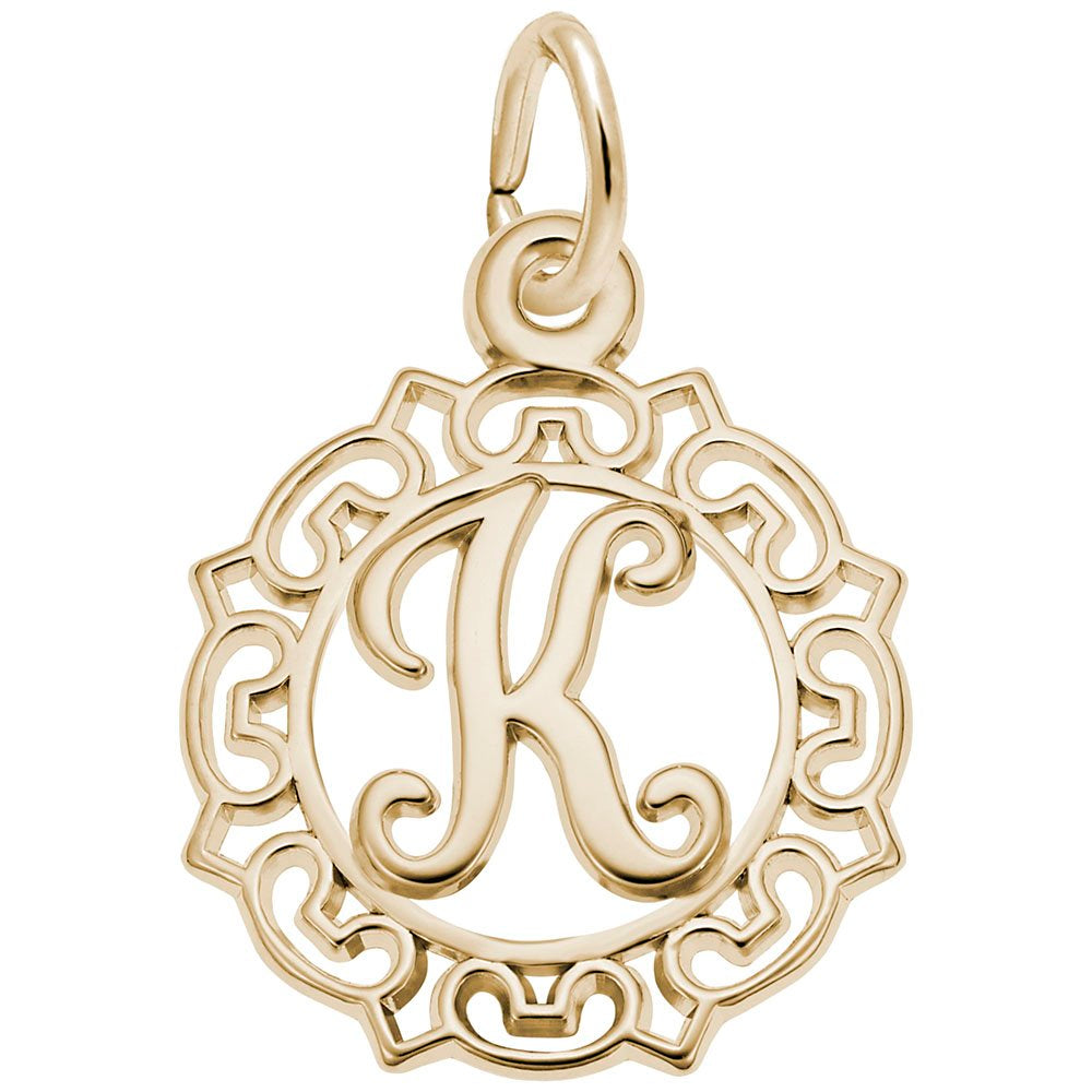 Gold K in an ornate boarder charm on a white background 