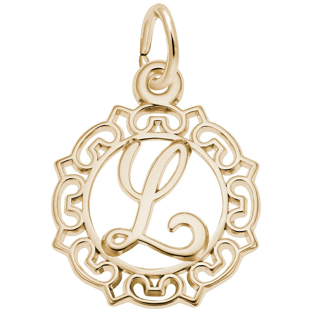 Gold L in an ornate boarder charm on a white background 
