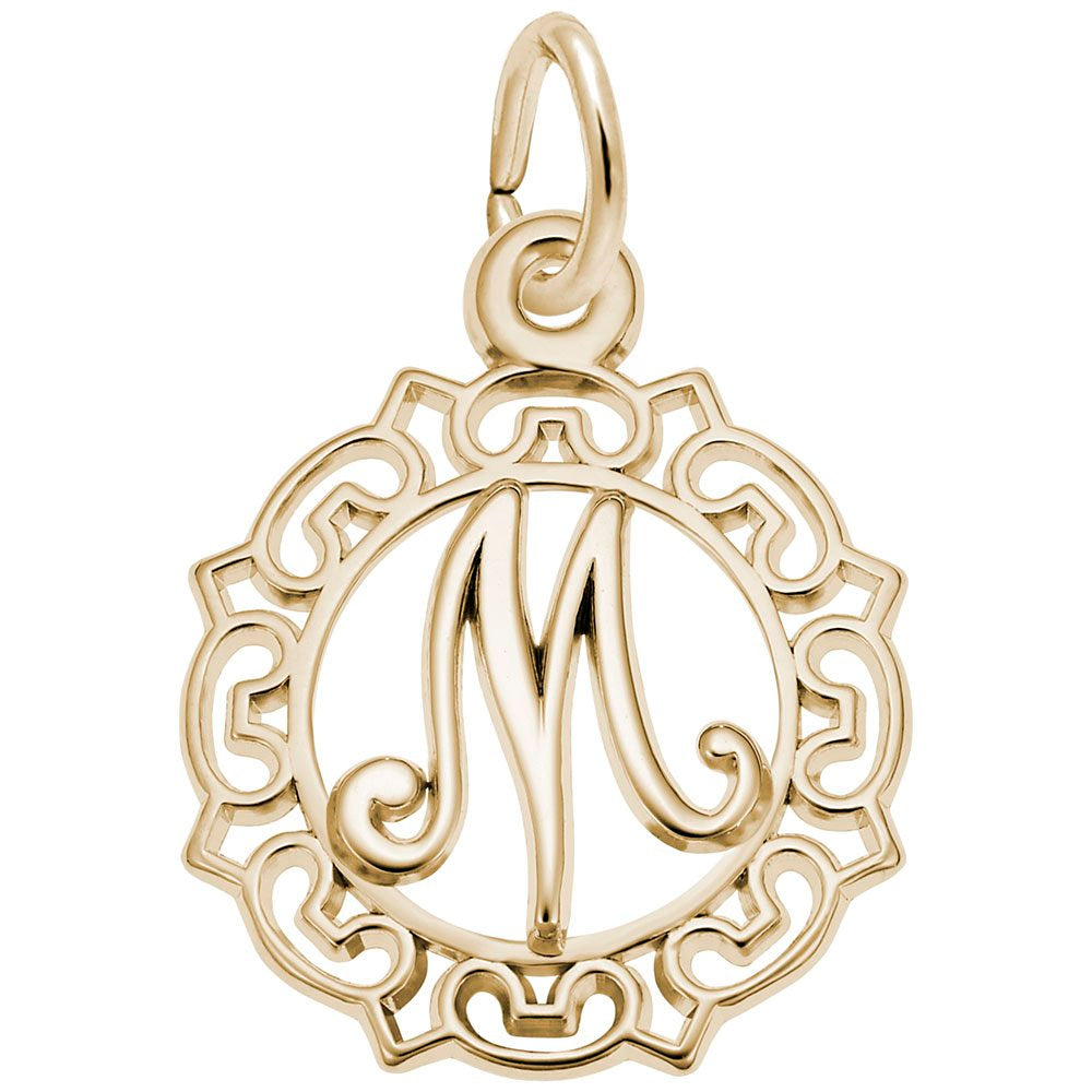 Gold M in an ornate boarder charm on a white background 