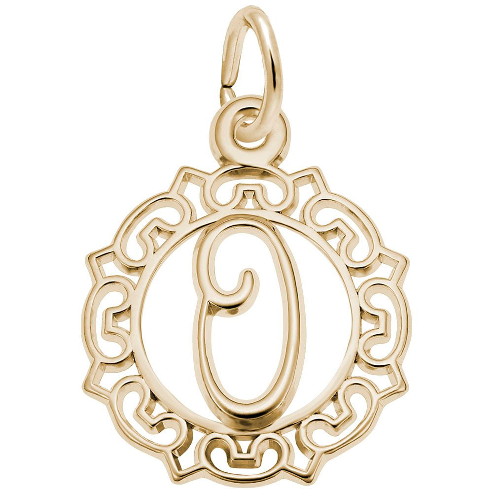 Gold O in an ornate boarder charm on a white background 