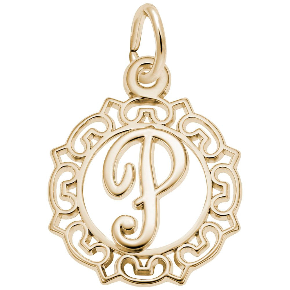 Gold P in an ornate boarder charm on a white background 
