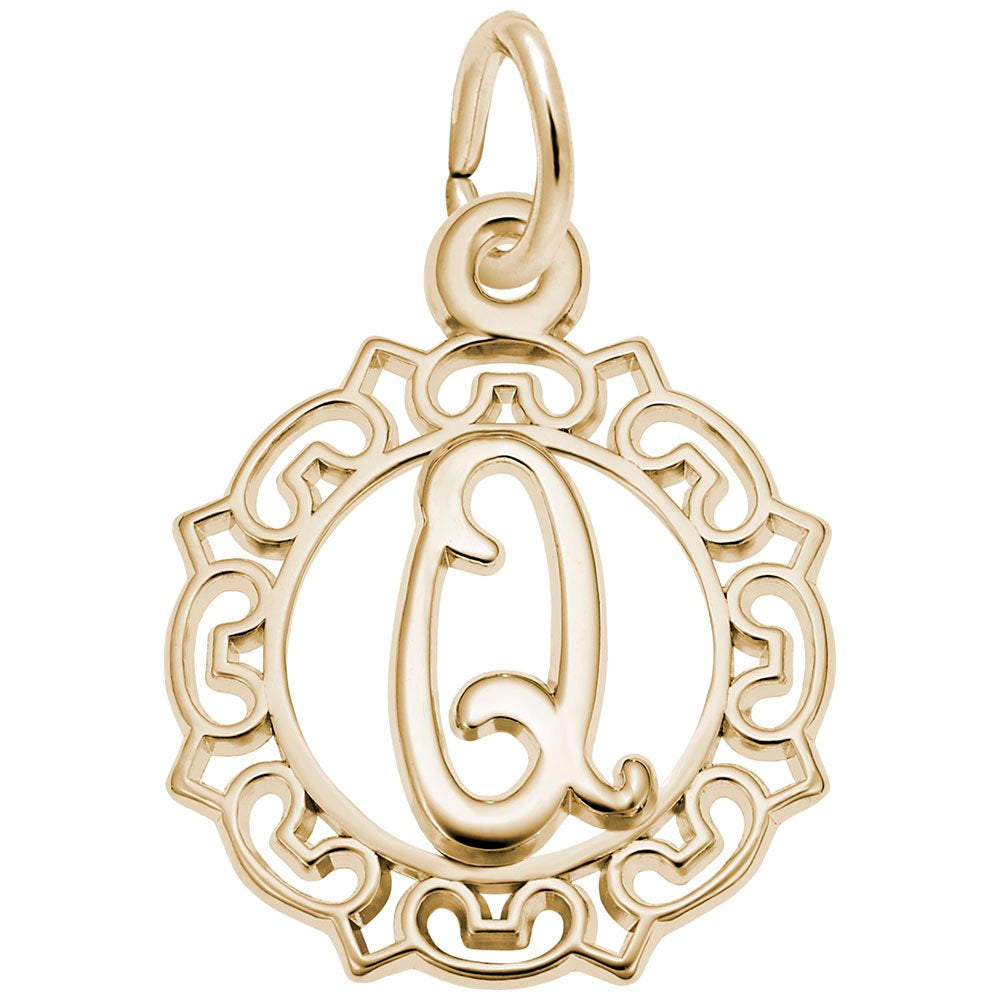 Gold Q in an ornate boarder charm on a white background 