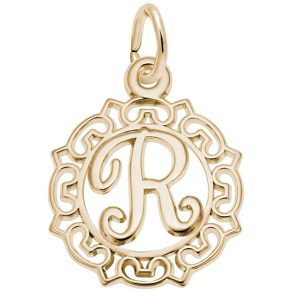 Gold R in an ornate boarder charm on a white background 