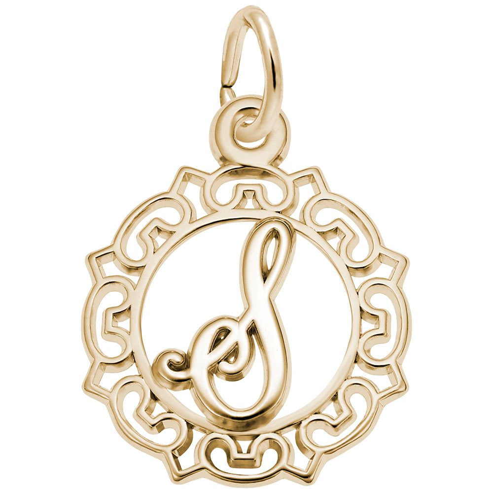 Gold S in an ornate boarder charm on a white background 