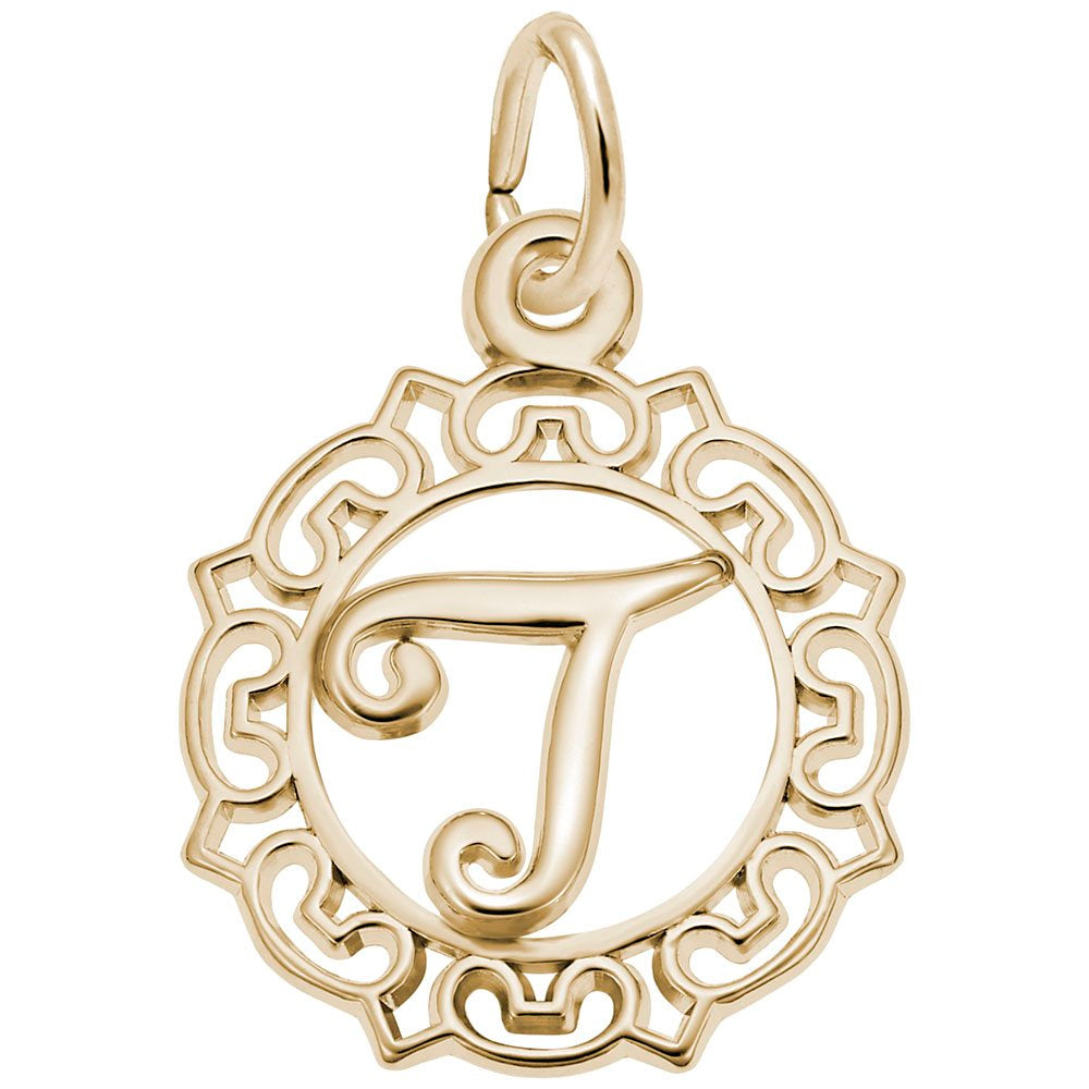 Gold T in an ornate boarder charm on a white background 