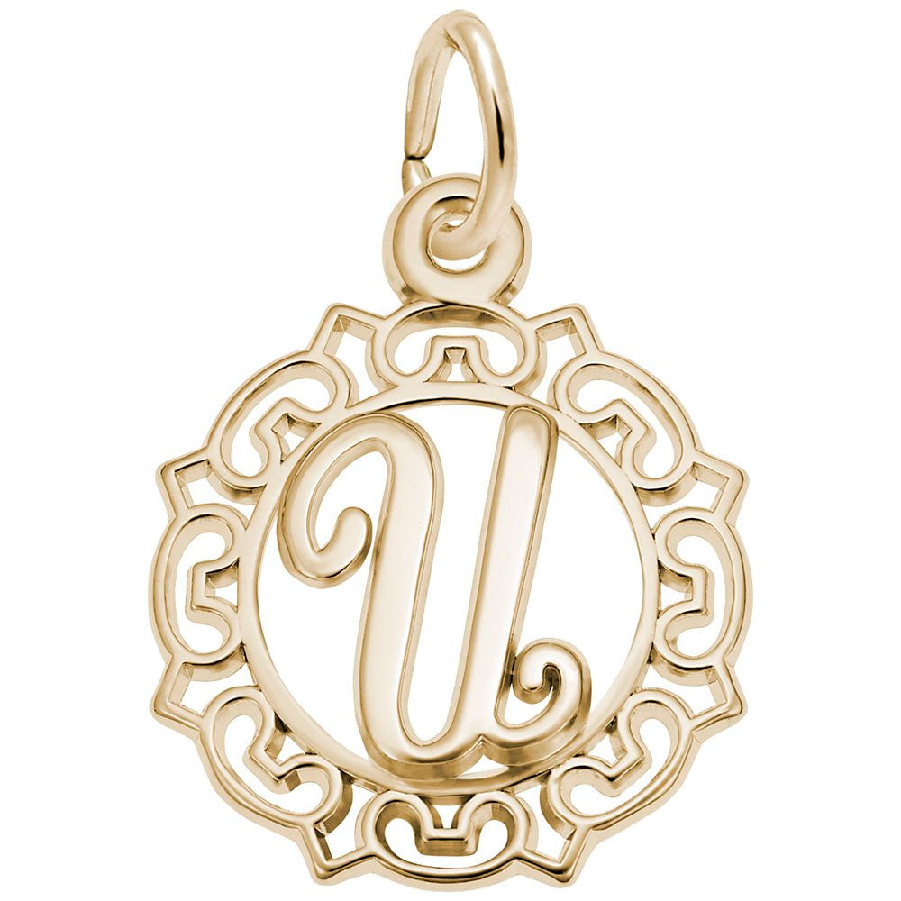 Gold U in an ornate boarder charm on a white background 