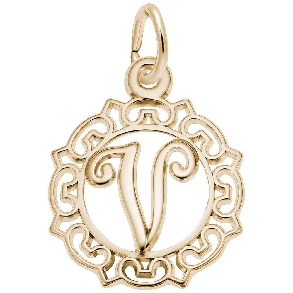 Gold V in an ornate boarder charm on a white background 
