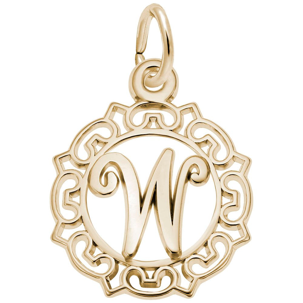 Gold W in an ornate boarder charm on a white background 