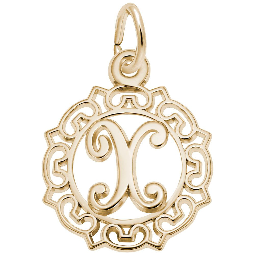 Gold X in an ornate boarder charm on a white background 