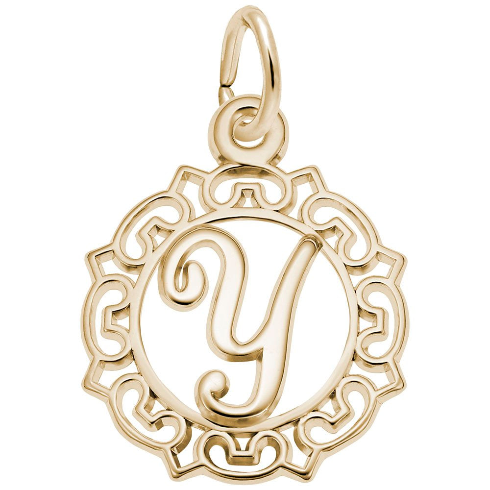Gold Y in an ornate boarder charm on a white background 