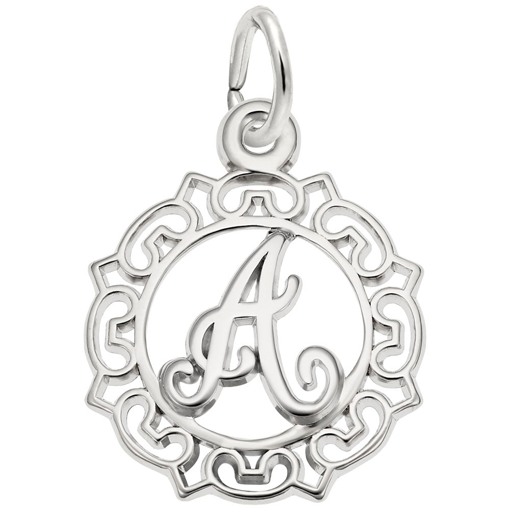 Silver A in an ornate boarder charm on a white background 