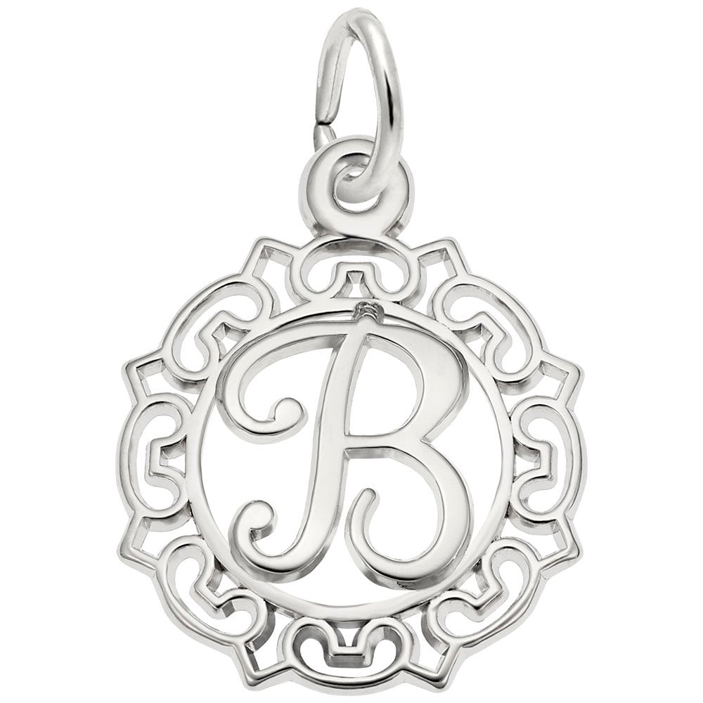 Silver B in an ornate boarder charm on a white background 