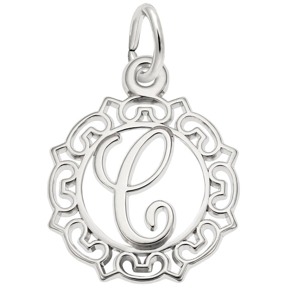 Silver C in an ornate boarder charm on a white background 