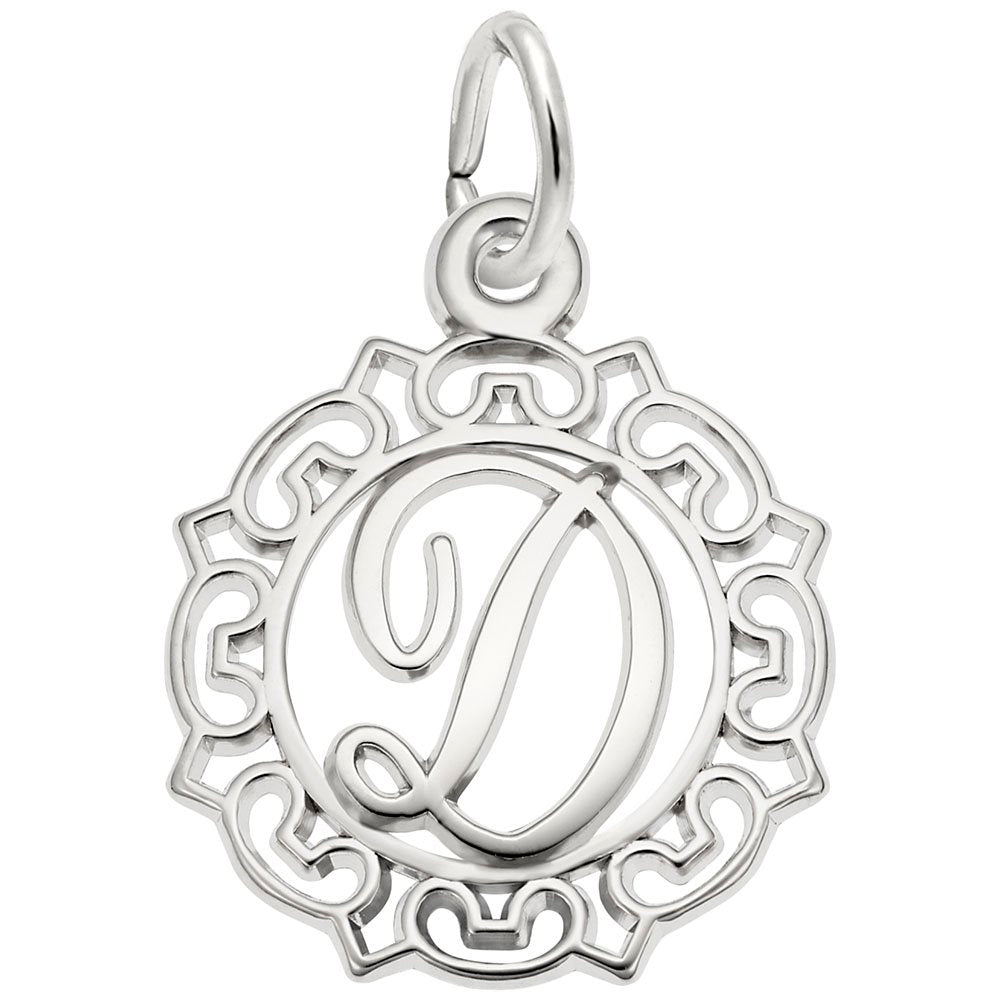 Silver D in an ornate boarder charm on a white background 
