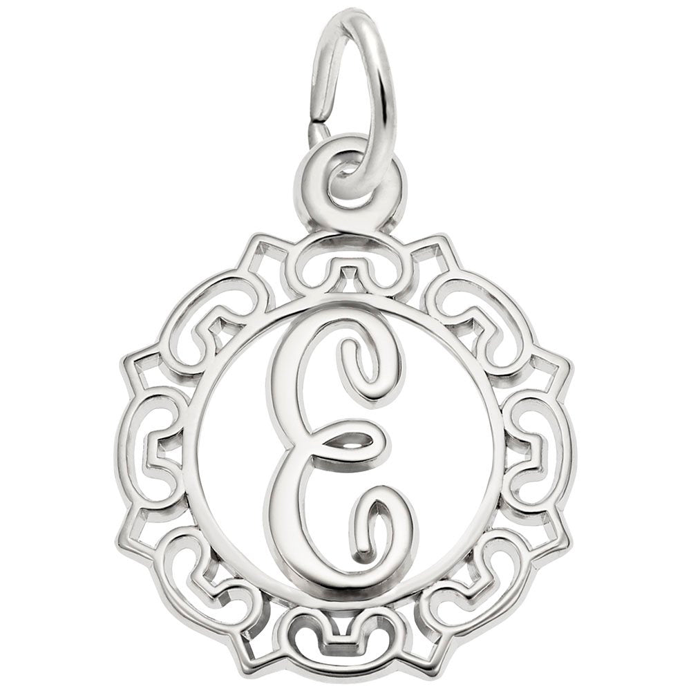 Silver E  in an ornate boarder charm on a white background 