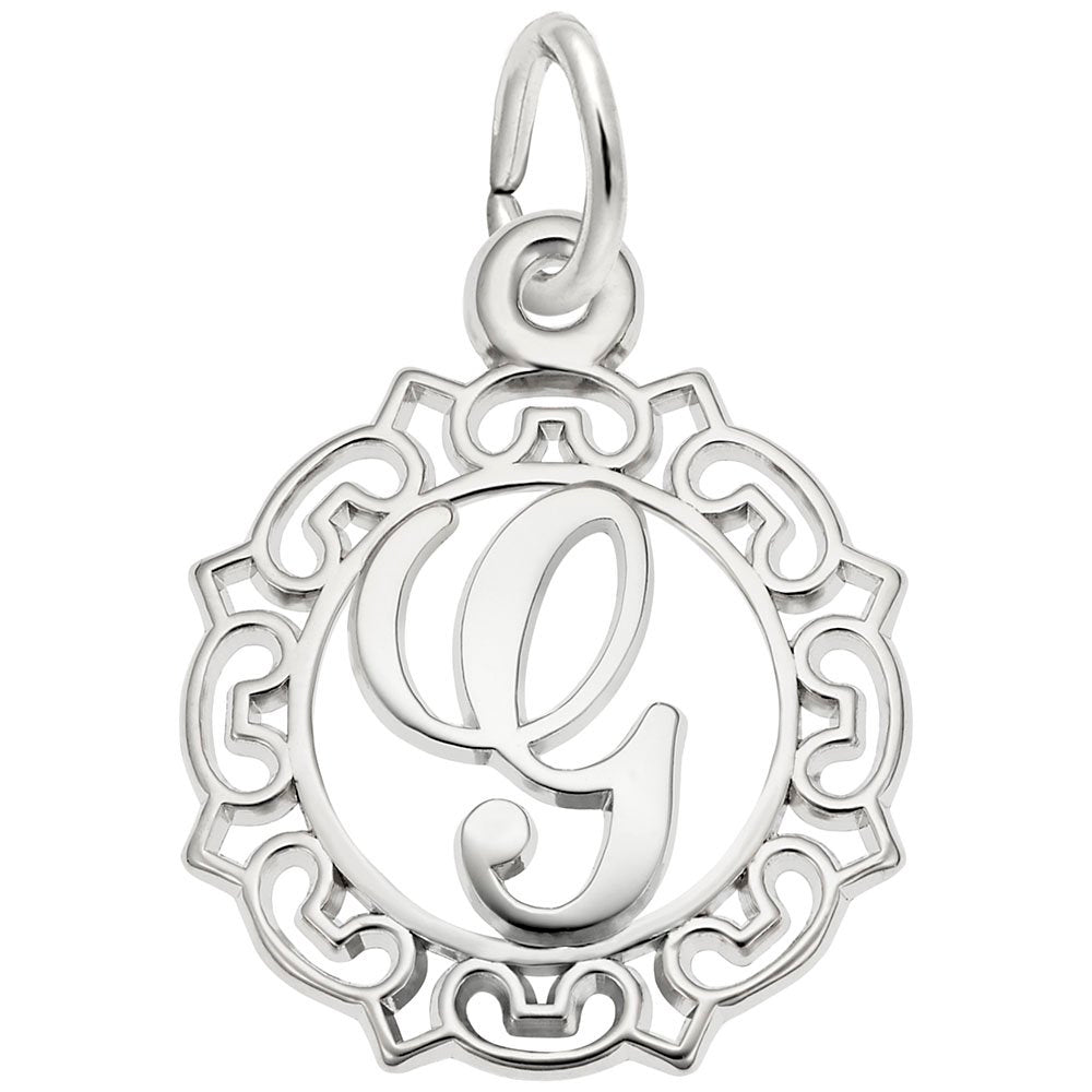 Silver G in an ornate boarder charm on a white background 