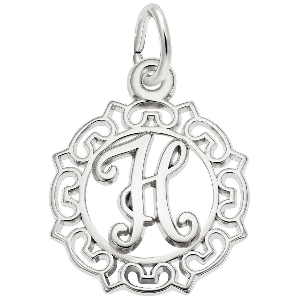 Silver H in an ornate boarder charm on a white background 