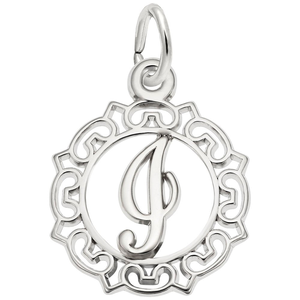 Silver I in an ornate boarder charm on a white background 