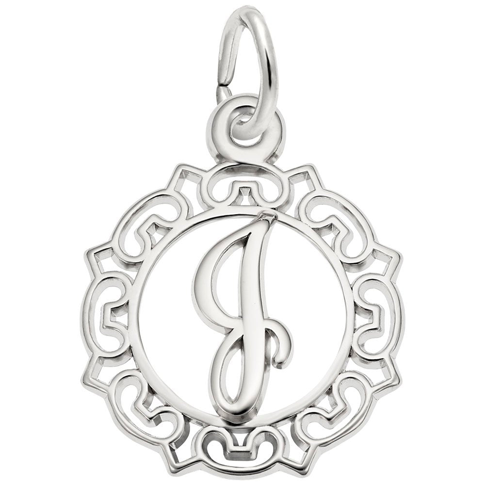 Silver J in an ornate boarder charm on a white background 