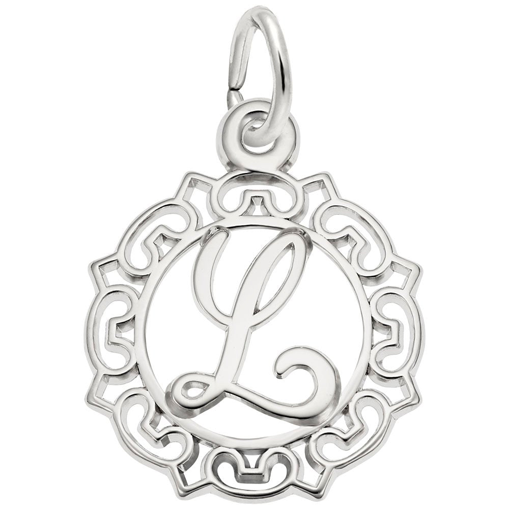 Silver L in an ornate boarder charm on a white background 