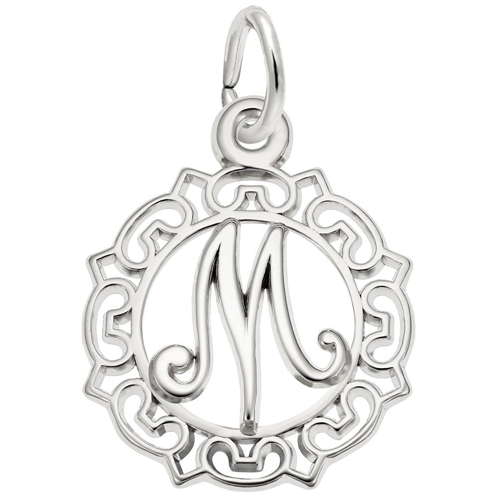 Silver M in an ornate boarder charm on a white background 