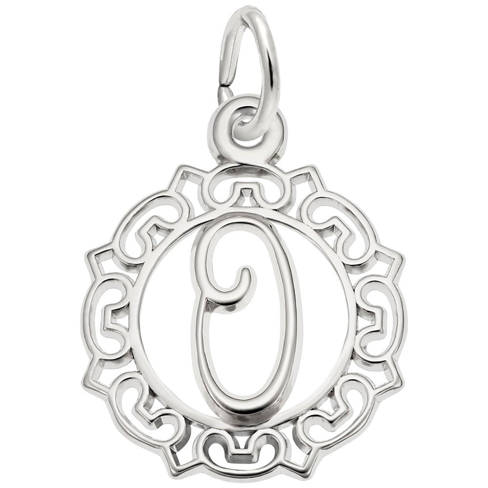 Silver O in an ornate boarder charm on a white background 